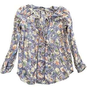 Lucky Brand Womens XS Purple Floral Paisley Rayon Long Sleeve Blouse Top 0218